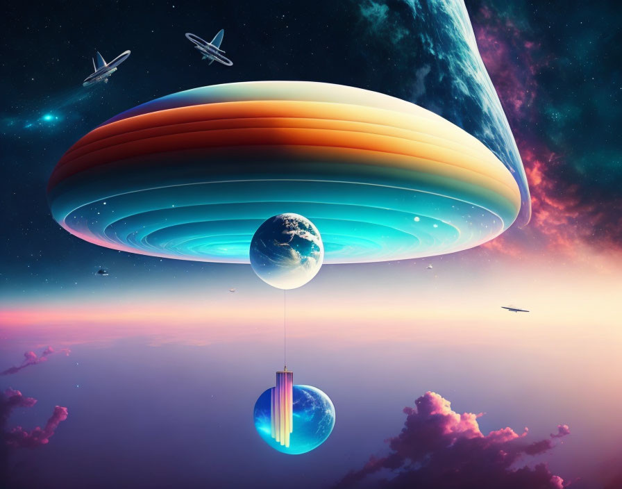 Vibrant sci-fi scene with giant ringed planet and colorful nebula