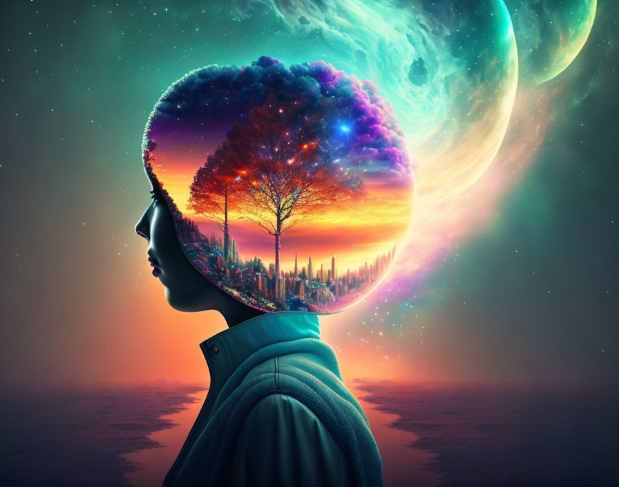 Digital surreal artwork: Human silhouette with transparent head revealing vibrant scene of trees, city skyline, and planets