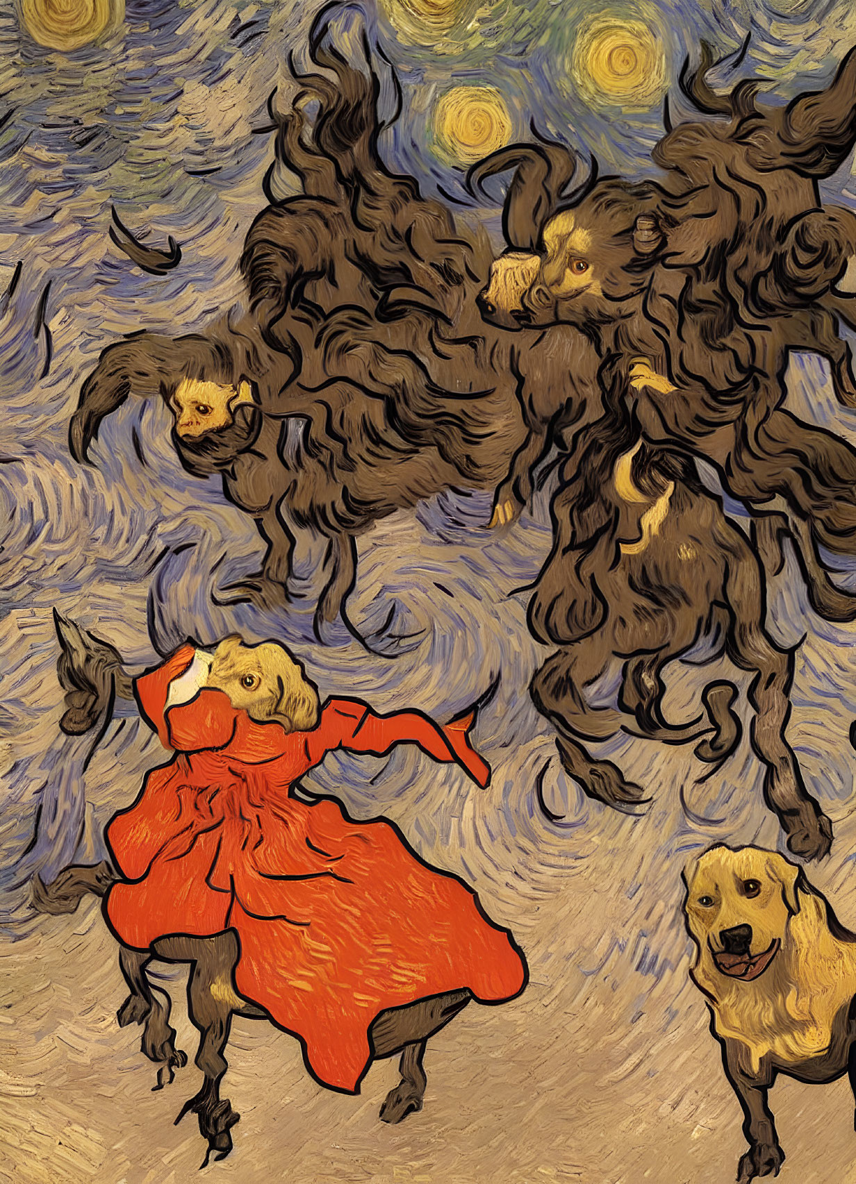 Vibrant painting of figure in red cape with whimsical dogs under starry sky