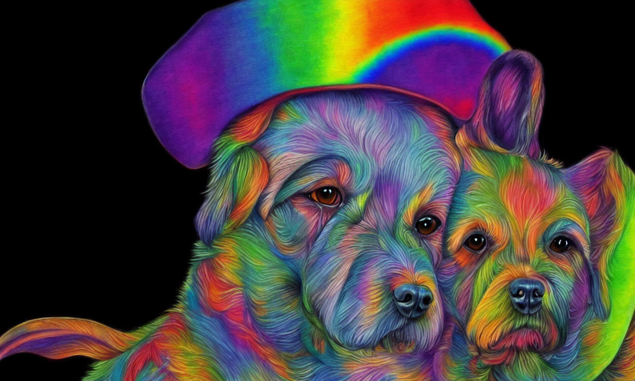 Colorful Rainbow-Hued Dogs with Purple Beret on Black Background