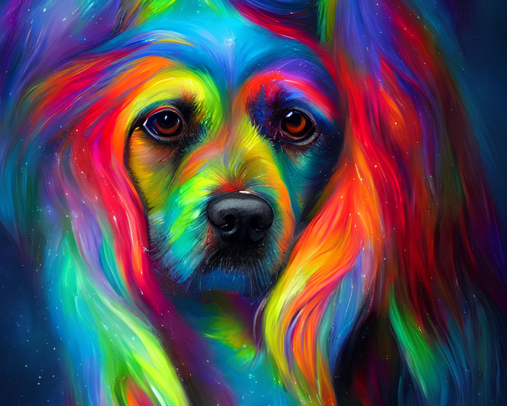 Vivid Rainbow Dog Painting on Dark Starry Background