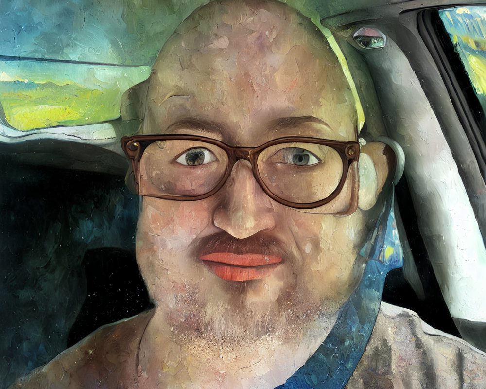 Colorful portrait of a person with glasses in a car with expressive brushwork.