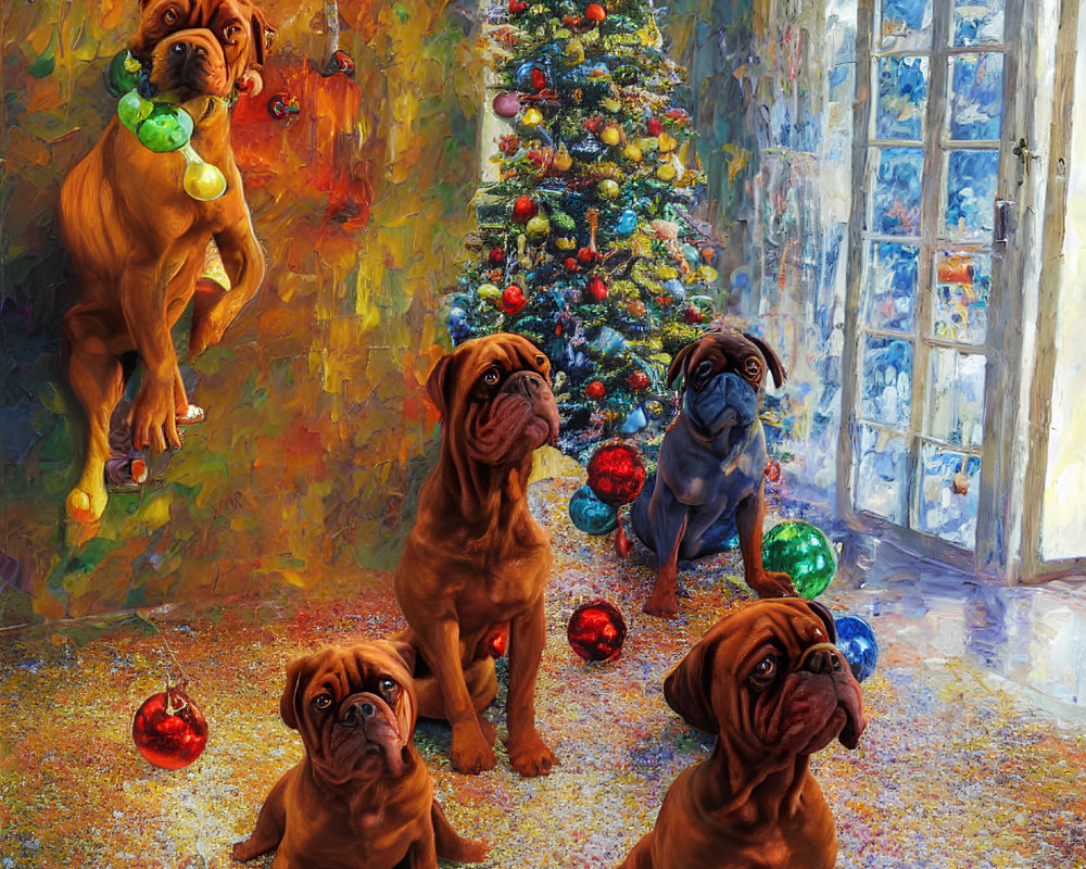 Four Wrinkled-Faced Dogs Around Christmas Tree in Snowy Room