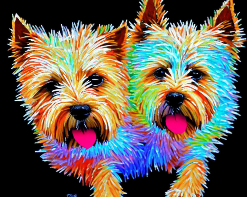 Colorful Artwork: Two Yorkshire Terriers with Brush-Like Fur Textures