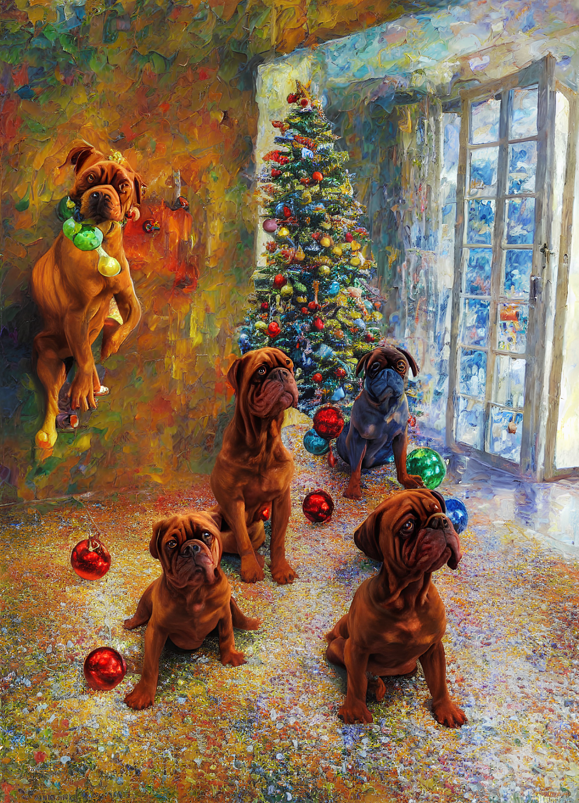 Four Wrinkled-Faced Dogs Around Christmas Tree in Snowy Room