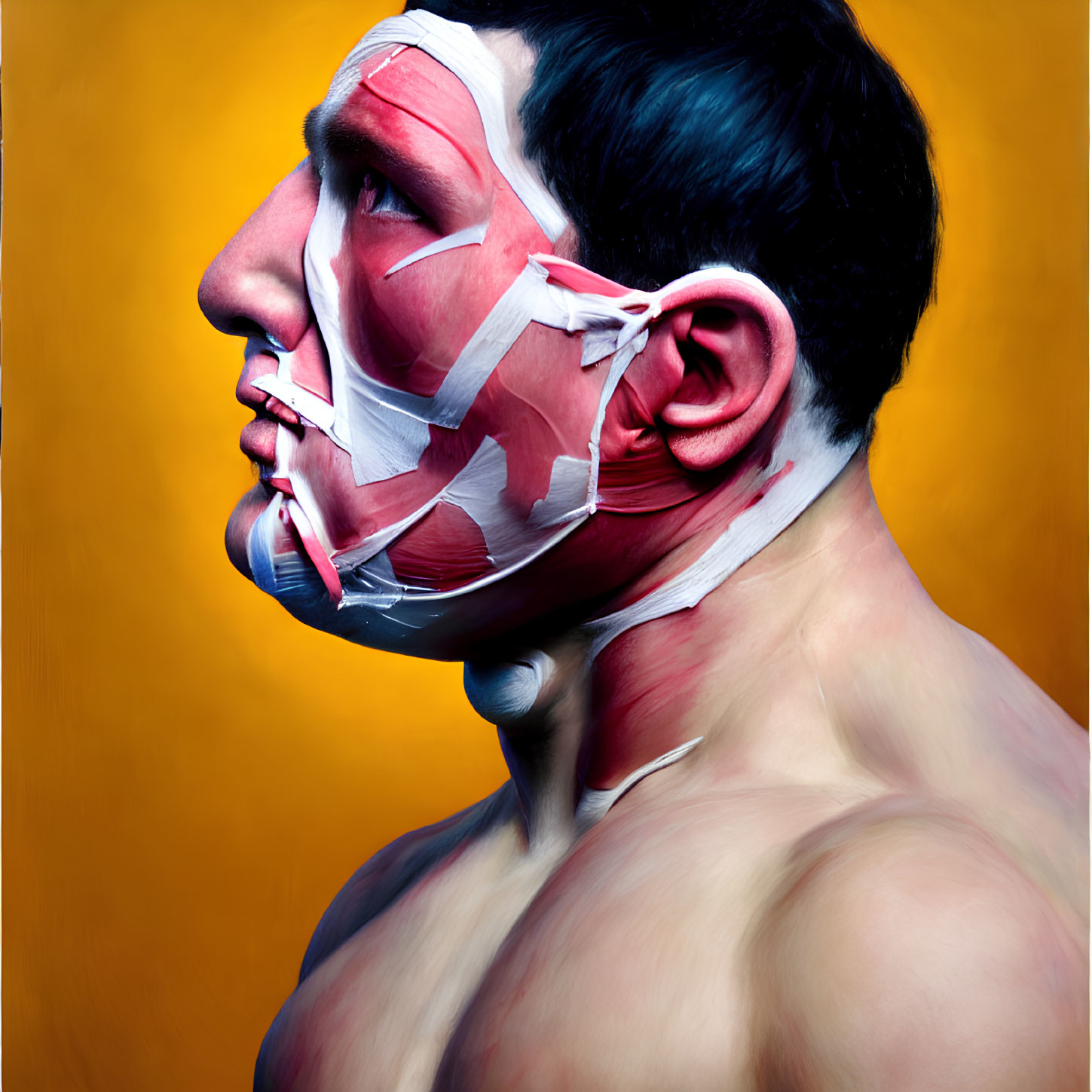 Person with White and Red Face Paint on Yellow Background: Dramatic and Intense Profile