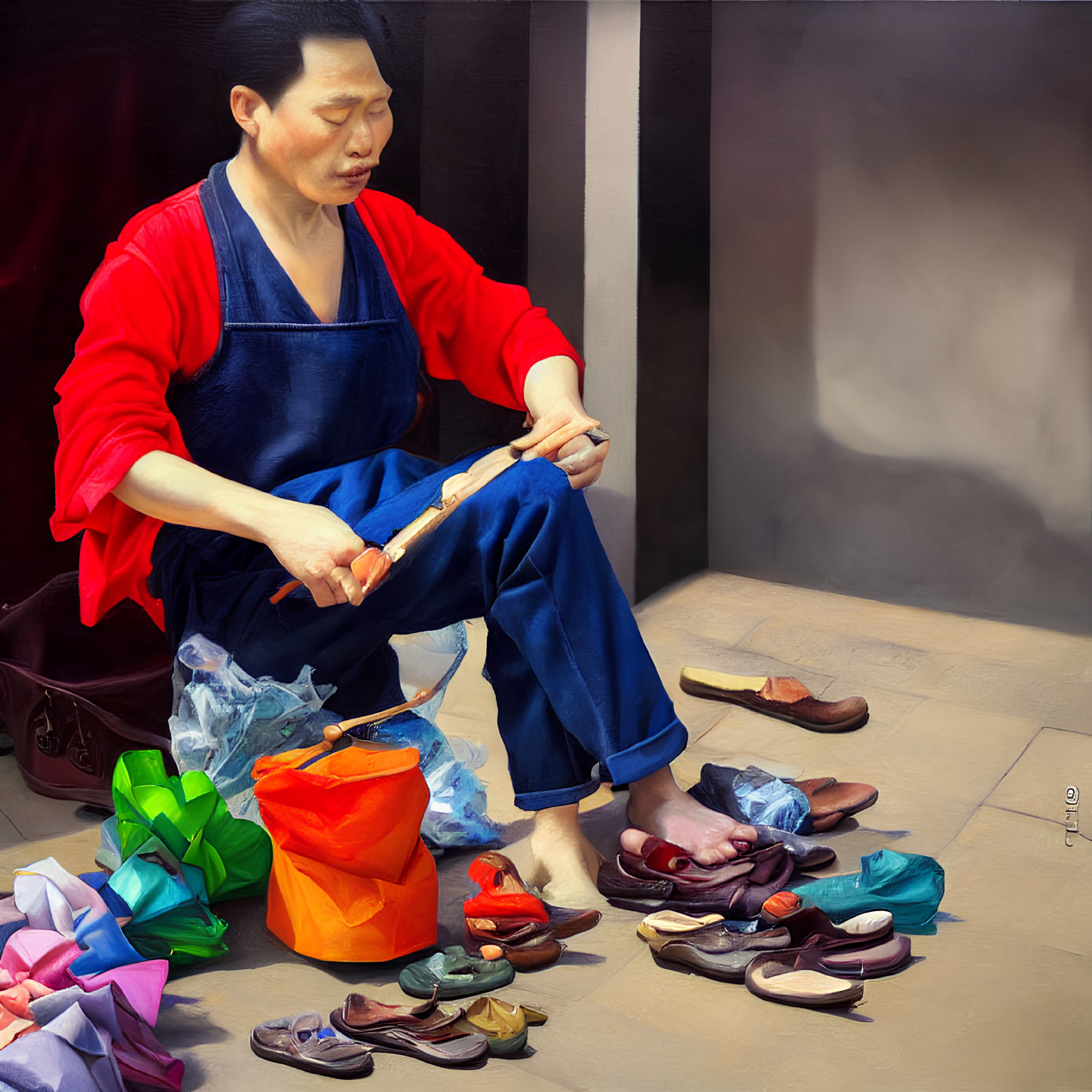 Person fixing sandal surrounded by colorful shoes and bags