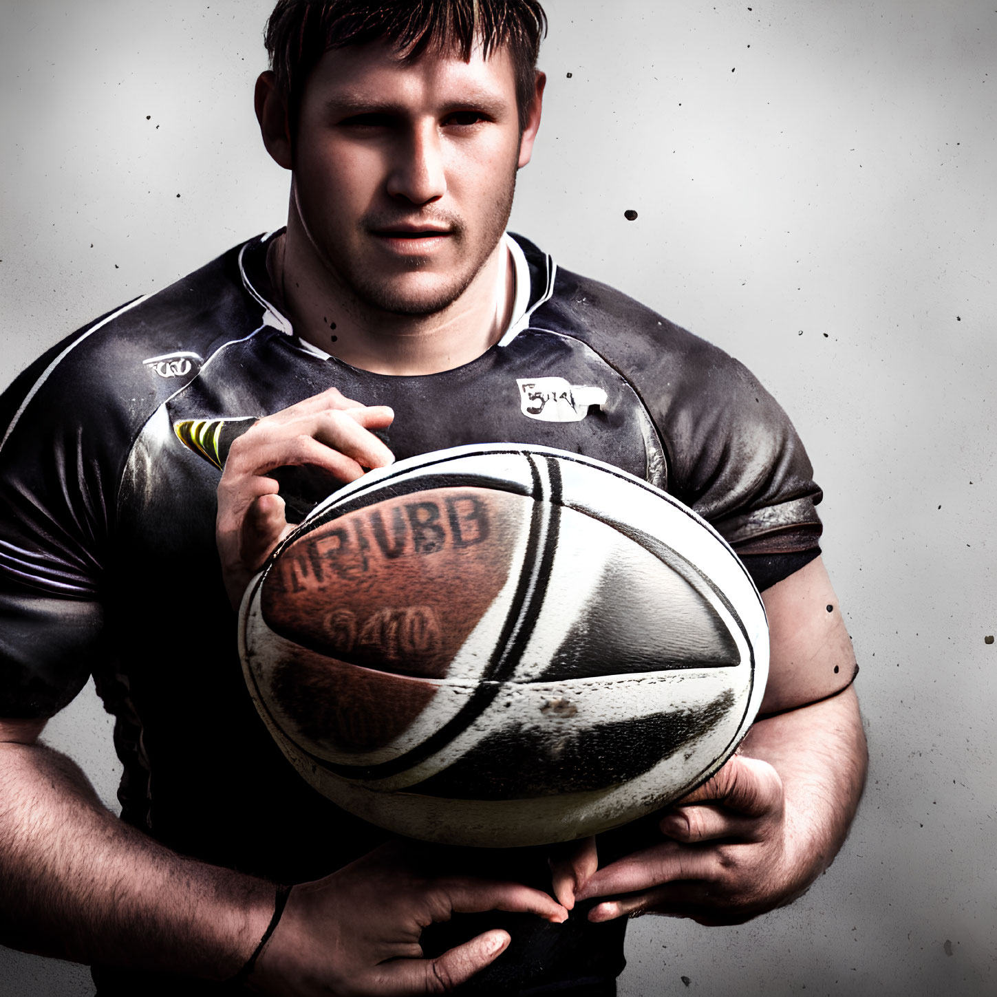 Rugged rugby player in dirty jersey with intense stance against grey background