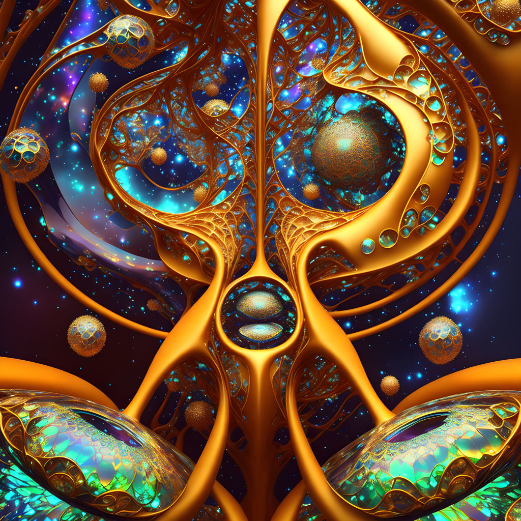 Intricate Golden Fractal Image with Cosmic Starry Background