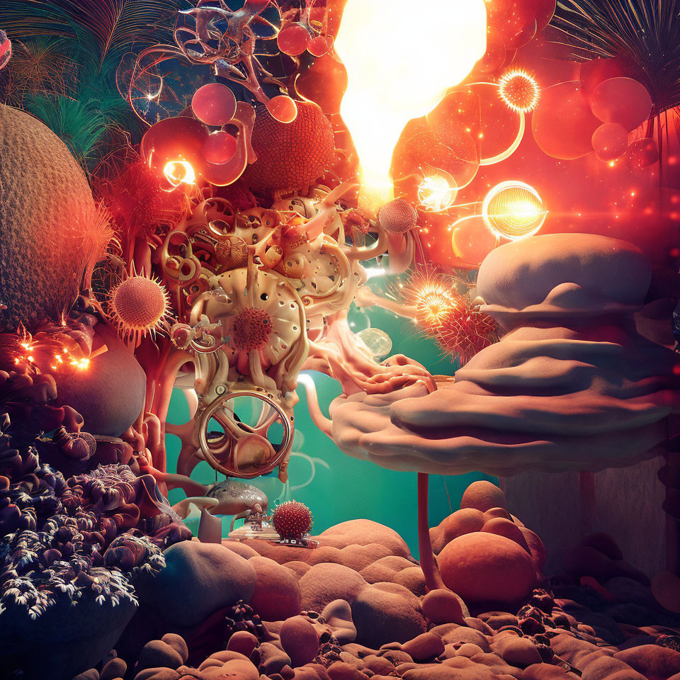 Colorful fantasy landscape with central light explosion, whimsical plants, bubbles, and coral-like structure.