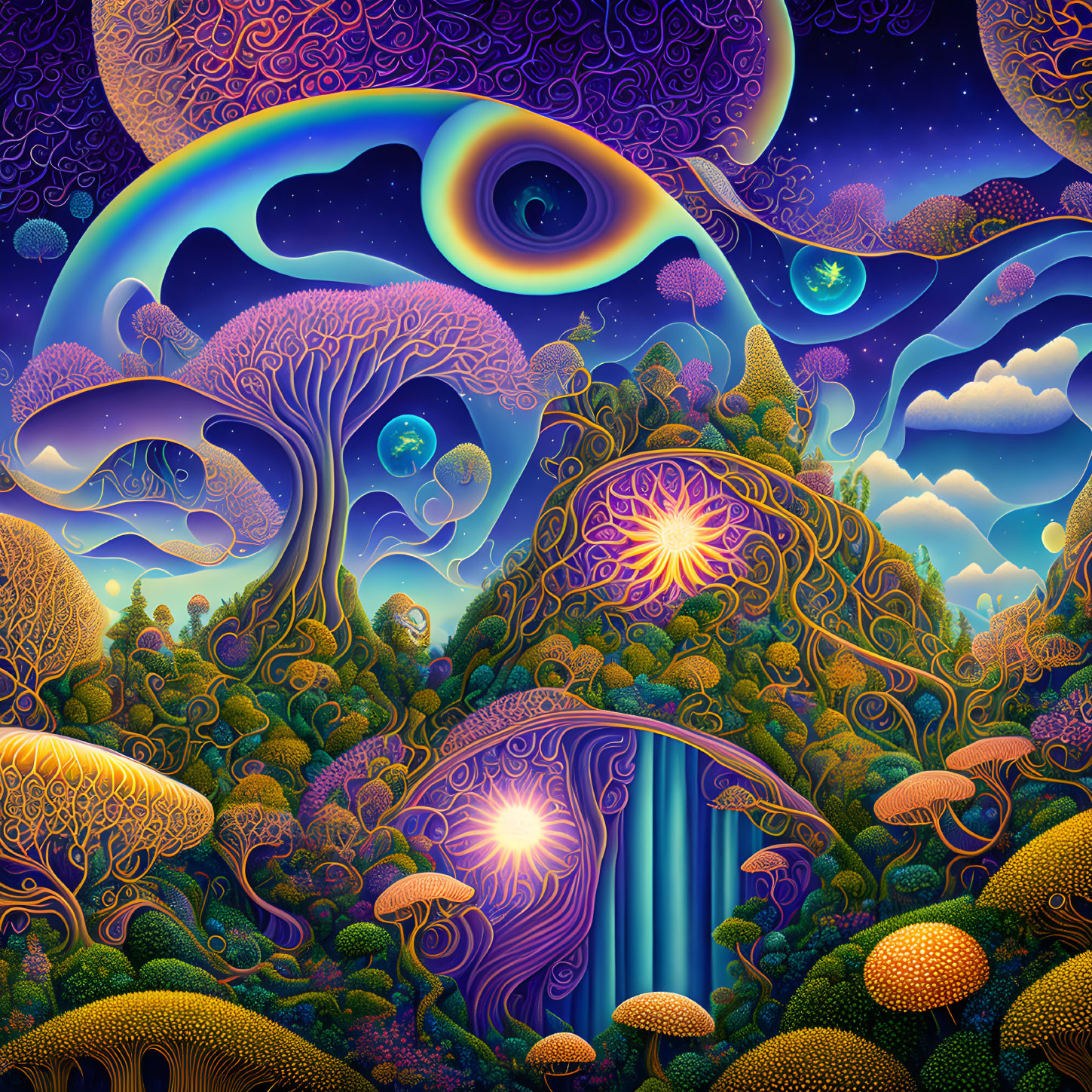 Colorful Psychedelic Landscape with Trees, Waterfalls, Celestial Bodies, Rainbow, and Star