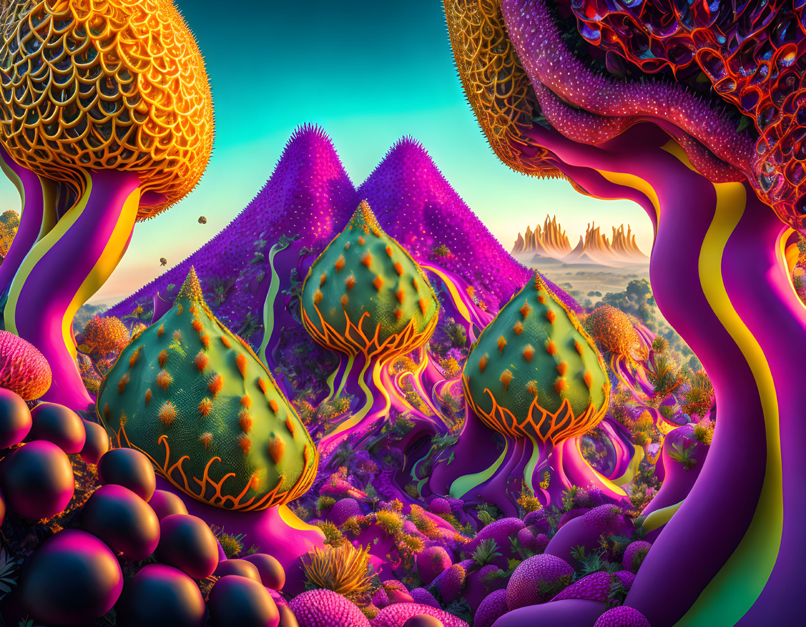 Colorful Psychedelic Landscape with Surreal Plant-like Formations