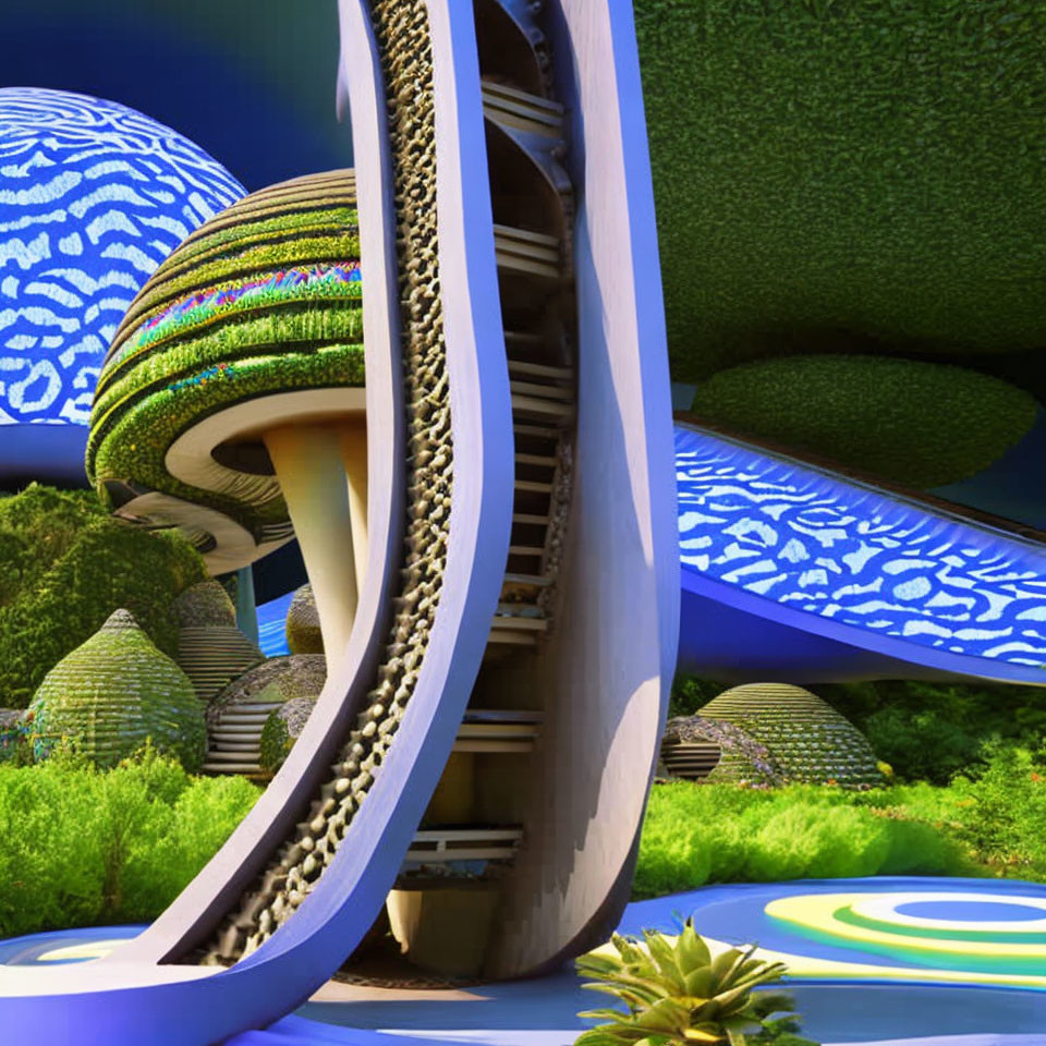 Organic architecture in futuristic cityscape with curved buildings and lush greenery