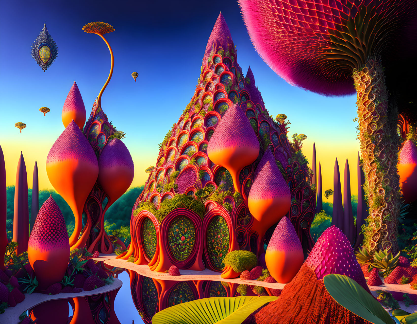 Surreal alien landscape with colorful plant-like structures