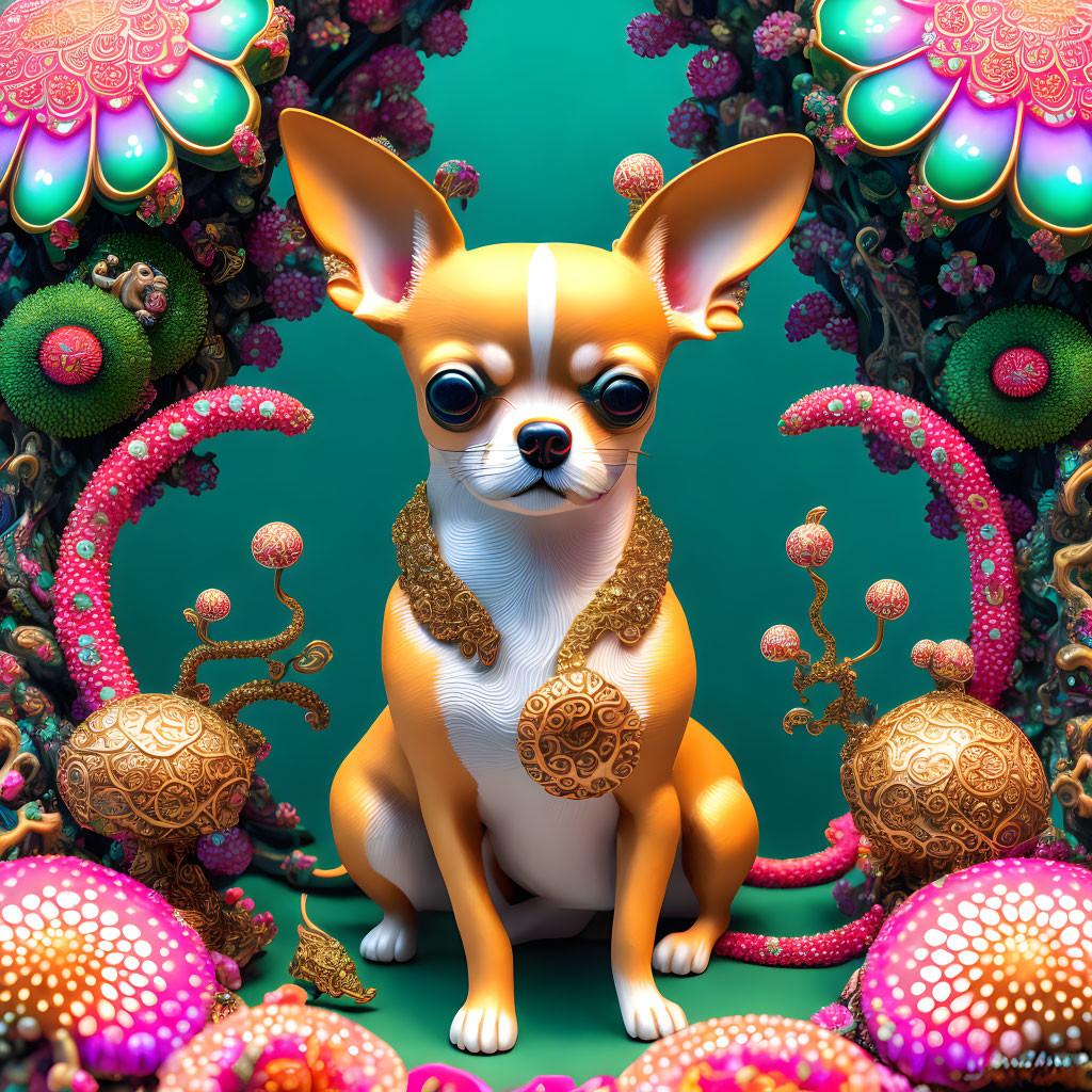 Colorful Coral and Sea Life Surround Chihuahua on Teal Background