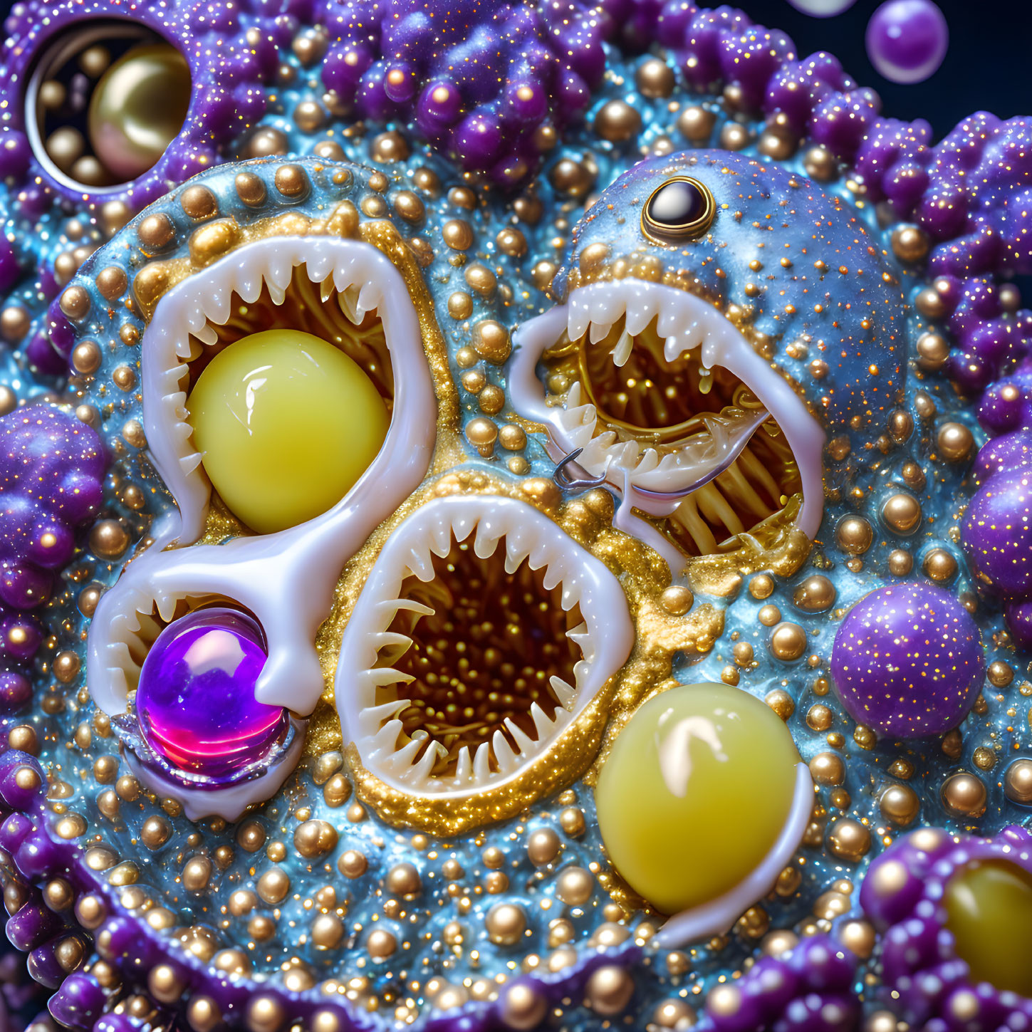 Abstract Purple Spheres with Gold Accents and Organic Mouth Shapes