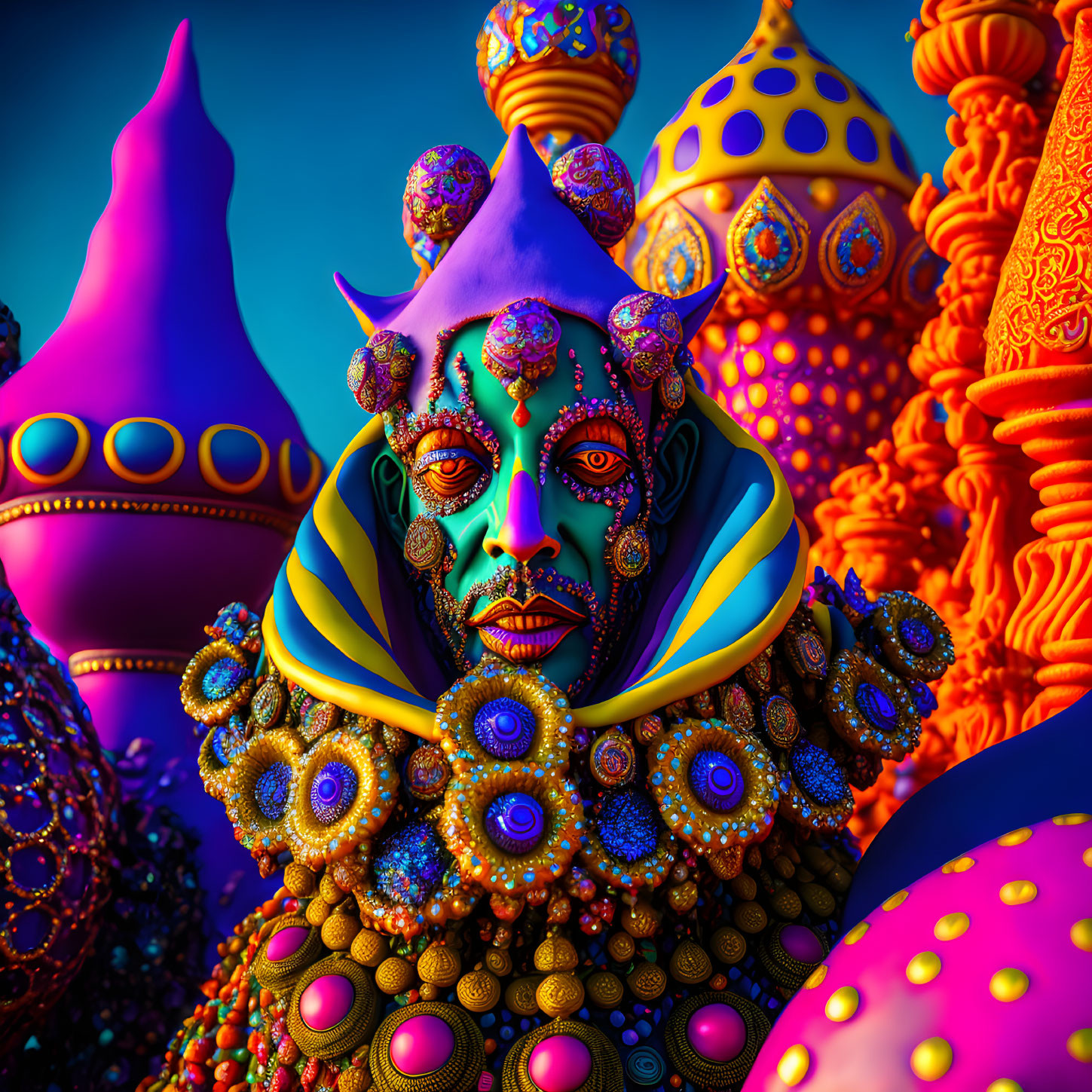 Colorful surreal image: Figure with decorated face and textured garment against ornate spires