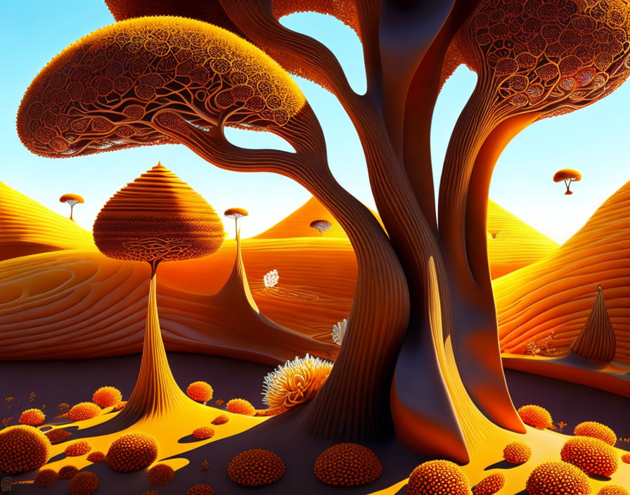 Surreal landscape with orange trees, dunes, and floating structures