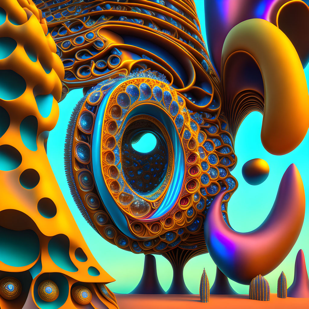 Colorful Abstract Fractal Art with Blue, Orange, and Gold Patterns