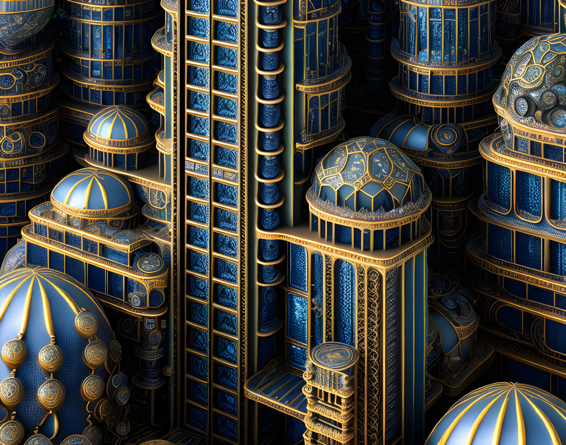 Intricate Fractal Image of Abstract Architecture with Gold and Blue Domes