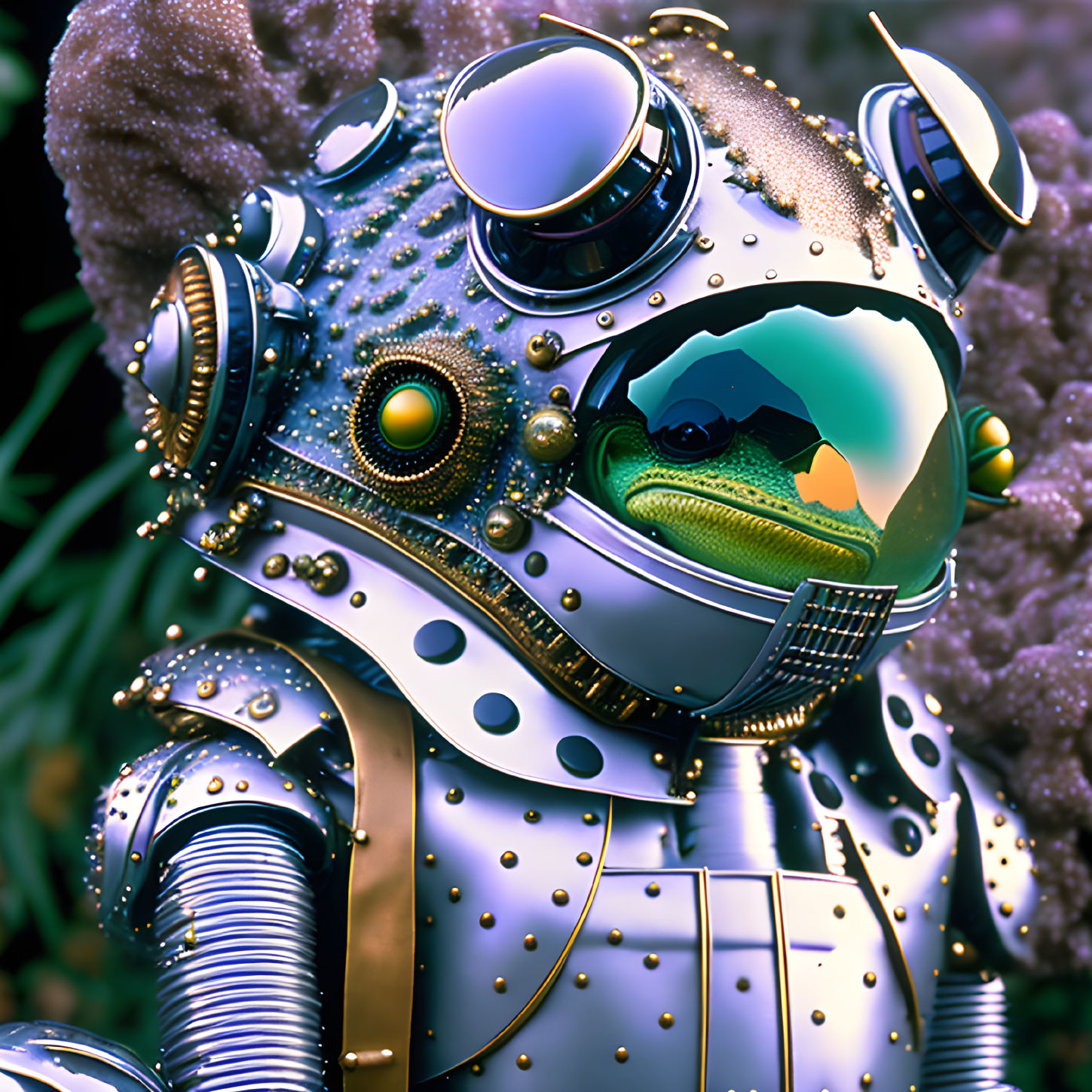 Detailed Digital Illustration: Frog Astronaut in Futuristic Space Suit amid Vibrant Flora