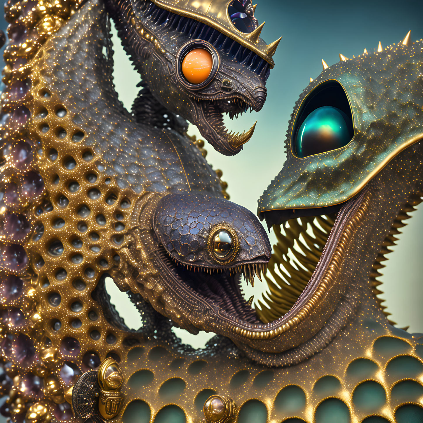 Ornate 3D illustration of gold-accented dragons with textured scales and big eyes on