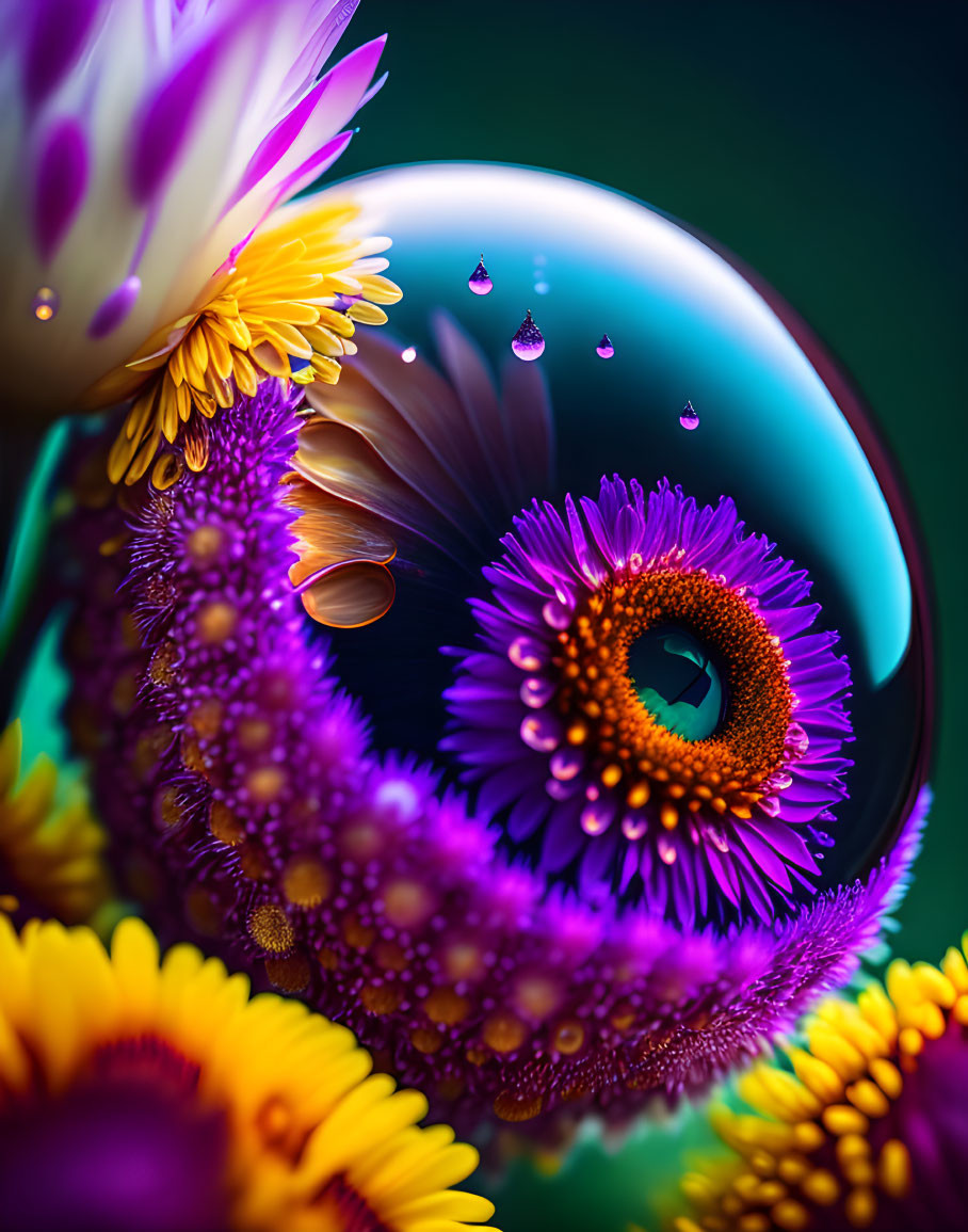 Colorful digital art: Glossy sphere reflecting purple and yellow flowers with suspended droplets