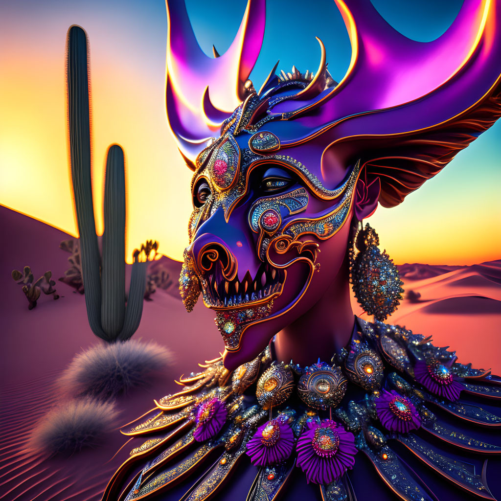 Digital art: Ornate mask with antlers in desert setting