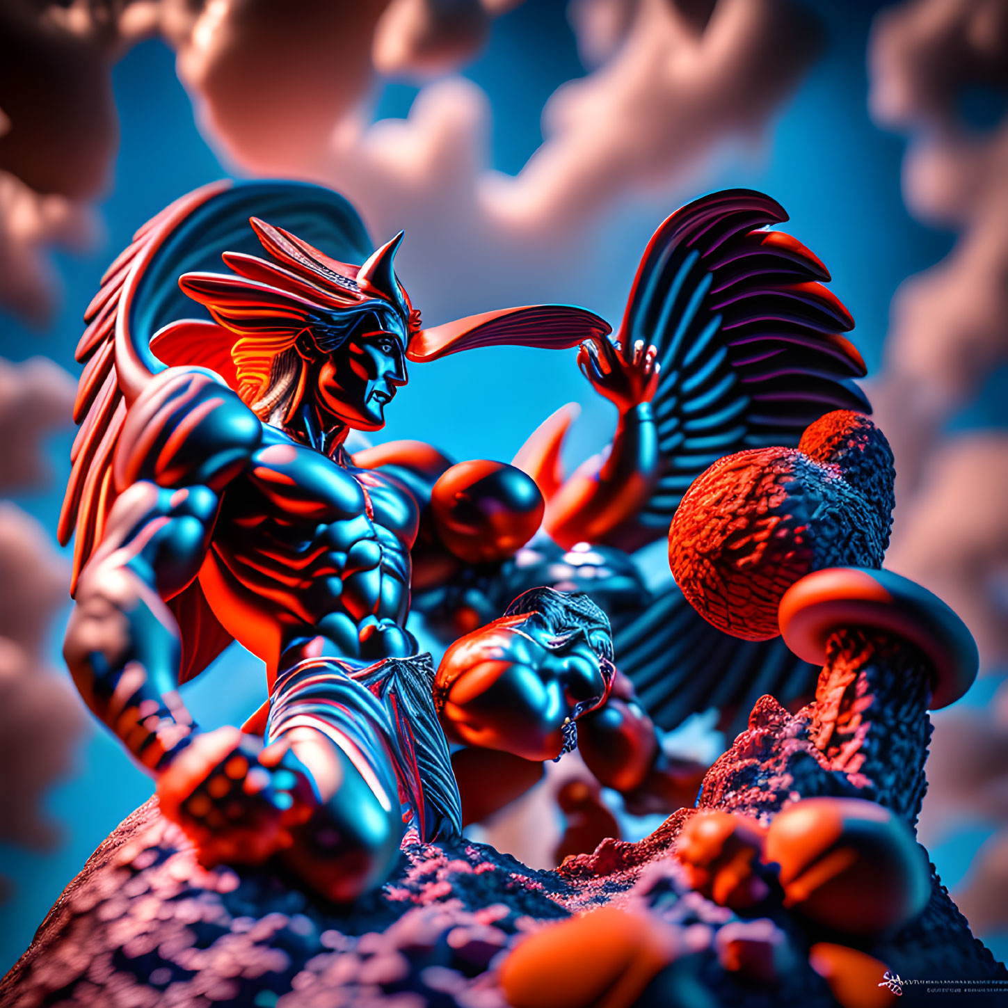 Colorful 3D illustration: muscular winged creature in intricate armor against surreal sky