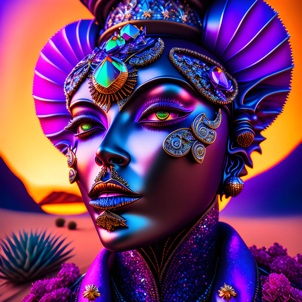 Colorful Portrait with Elaborate Face Paint and Headpiece on Purple and Orange Background