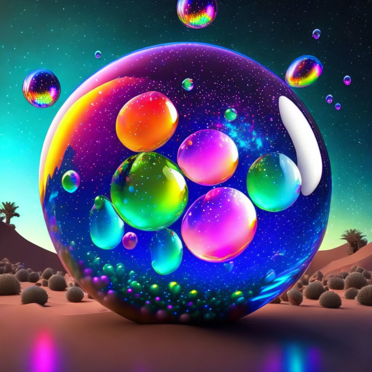 Colorful Galaxy Patterned Bubbles in Twilight Desert Landscape