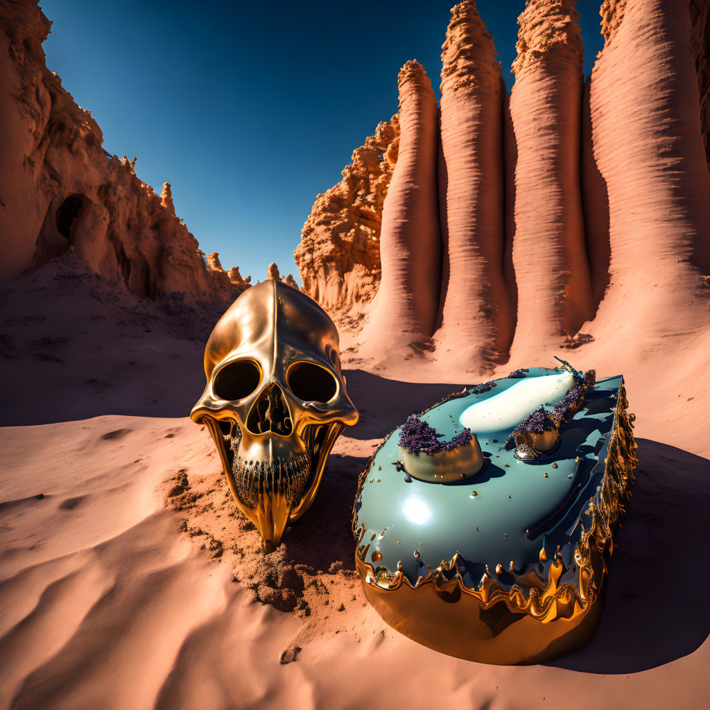 Golden skull with gold-tooth & turquoise donut on red Martian soil