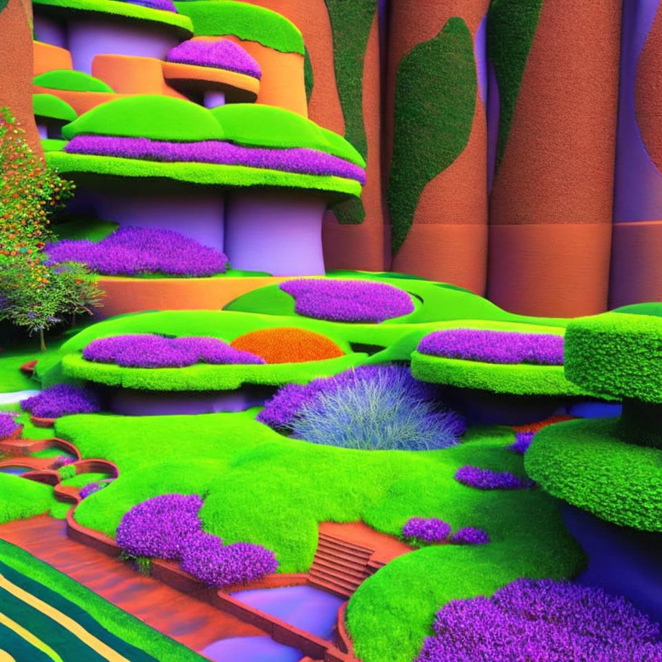 Surreal Landscape with Green Terraces and Purple Flora