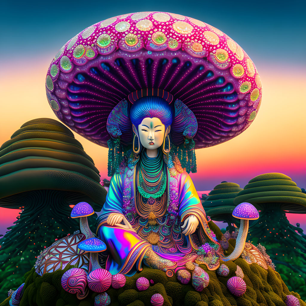 Colorful Psychedelic Art: Serene Figure in Ornate Garments with Fantastical Mush