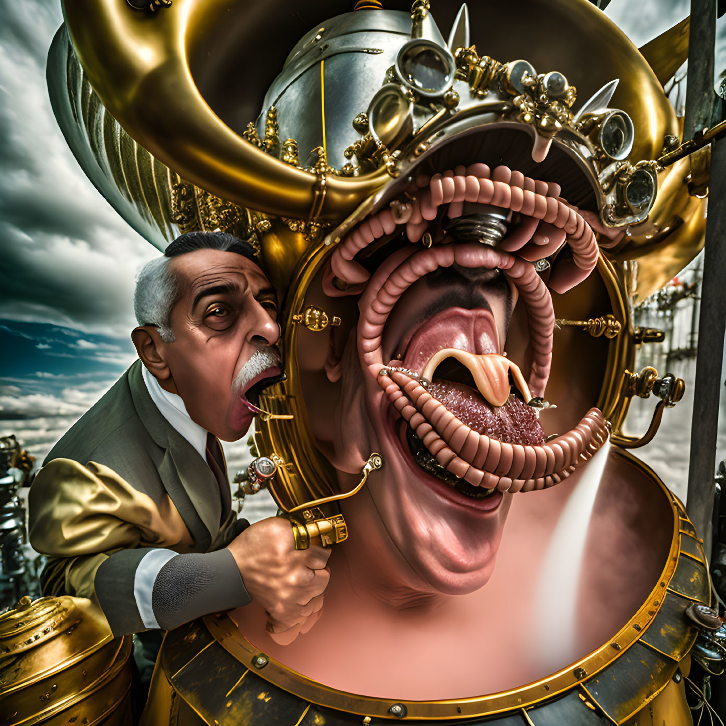 Surreal image: man yelling into brass horn connected to another man's mouth