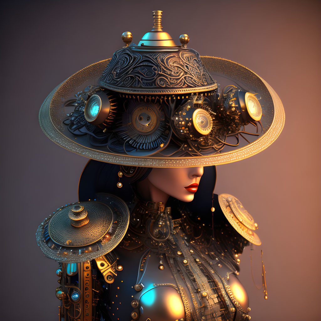 Detailed digital artwork: Futuristic woman with ornate mechanical headdress and shoulders, gears, intricate patterns