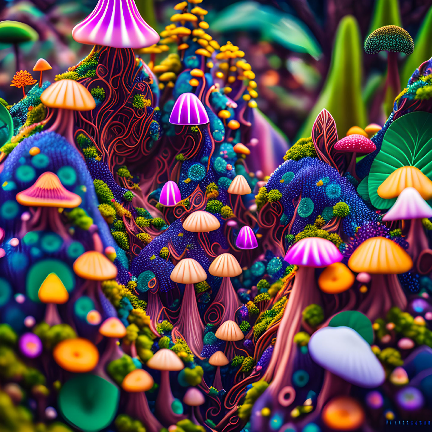 Colorful Neon Mushrooms and Plant Patterns on Dark Background