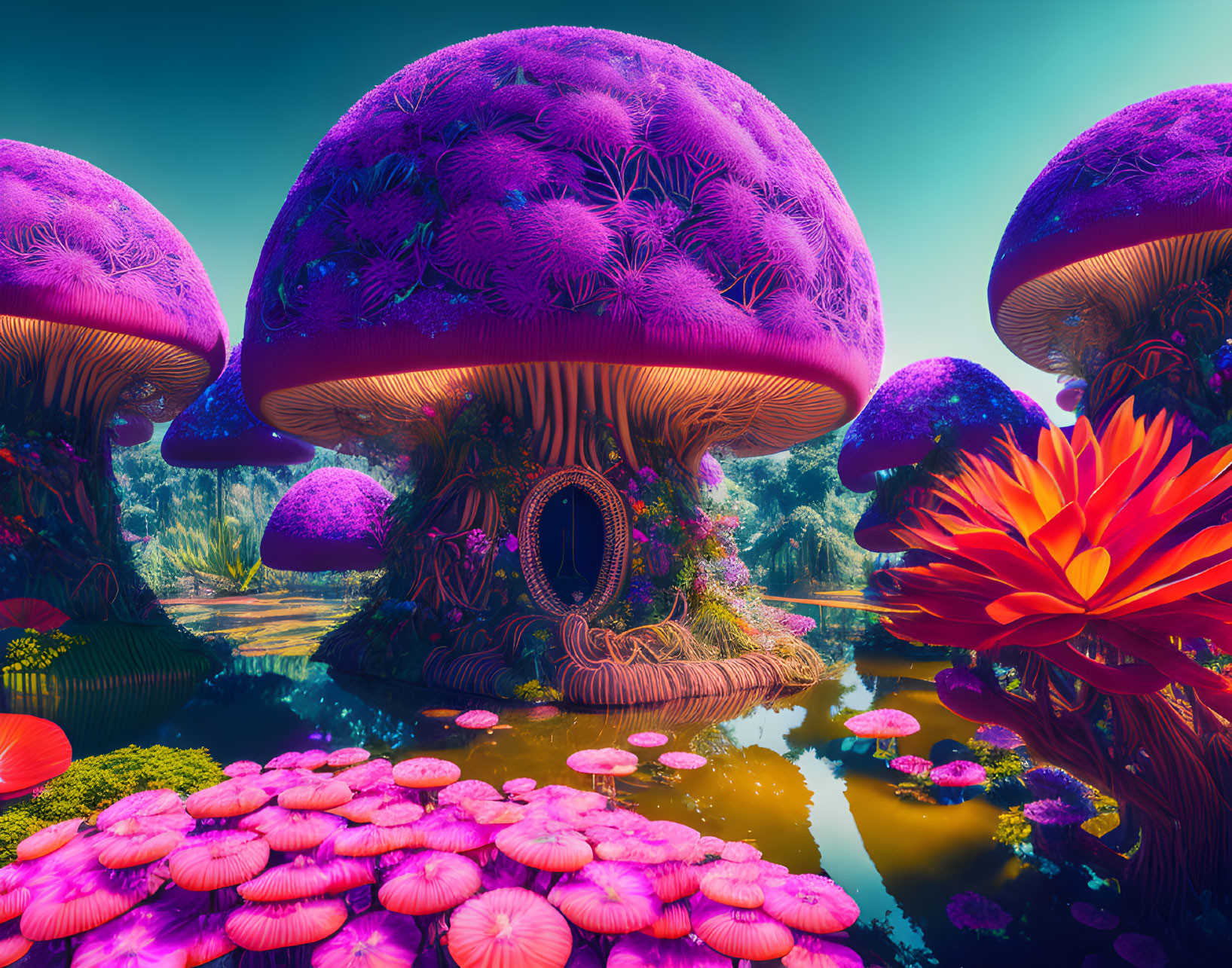 Colorful alien landscape with oversized purple mushrooms and luminous flora by reflective pond