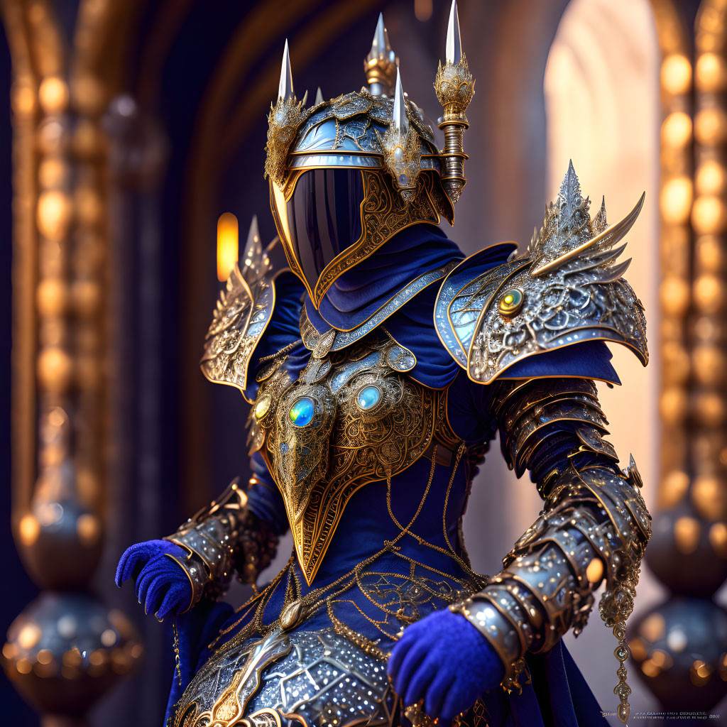 Fantasy armor with gold detailing, blue gemstones, and plumed helmet in regal setting.