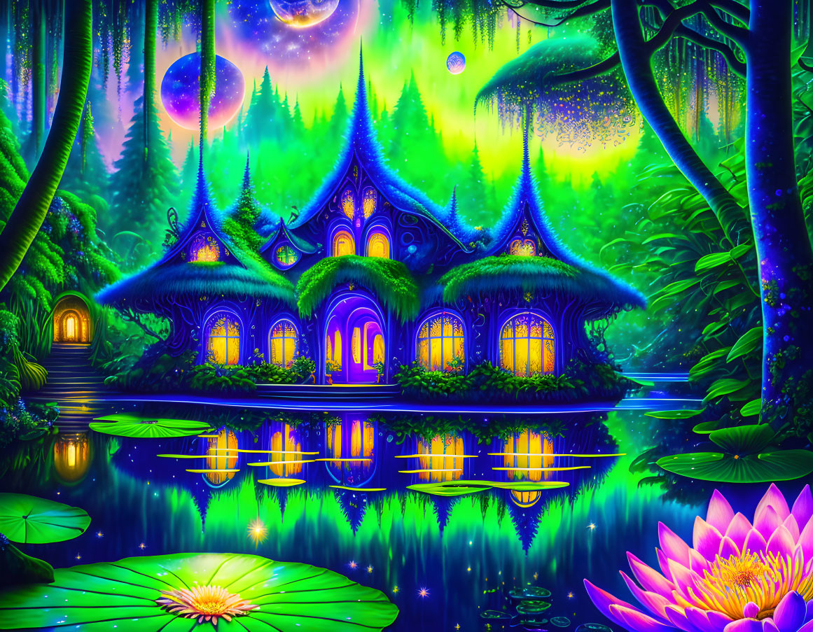 Fantasy landscape with mushroom house, pond, and starlit sky