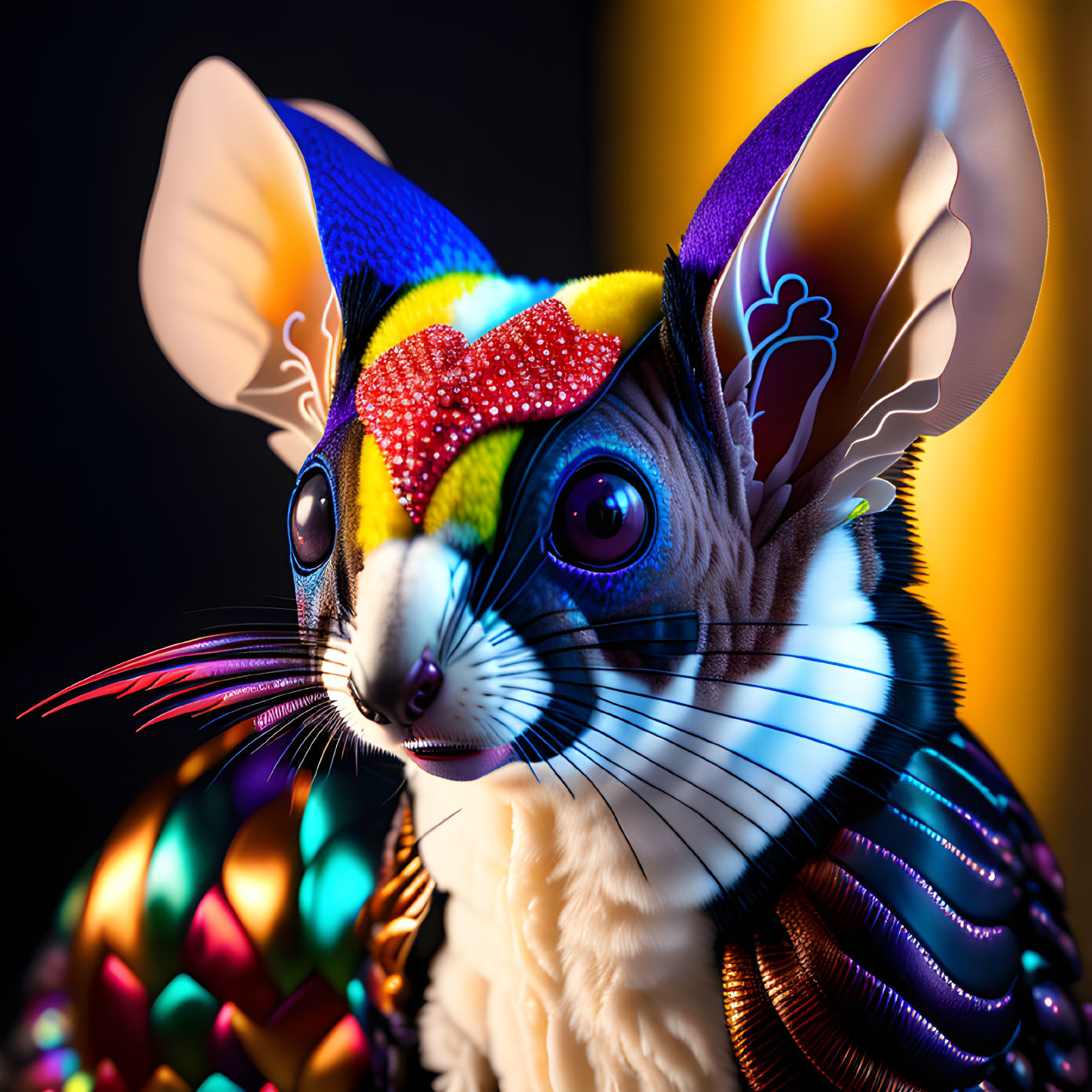 Colorful Fantastical Rodent Sculpture Against Dark Background