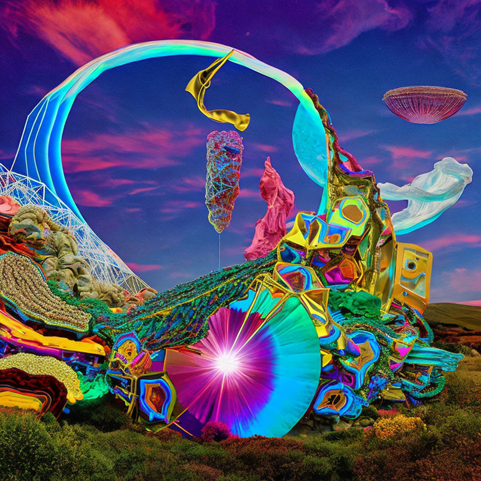 Surreal digital collage with organic and abstract elements under twilight sky