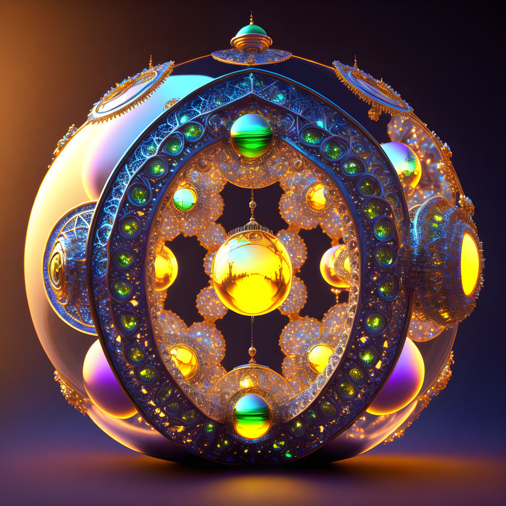 3D fractal object with luminous accents and jewel-toned orbs