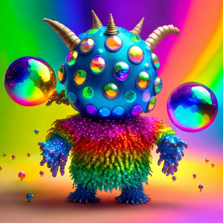 Colorful spherical creature juggling iridescent bubbles on rainbow background