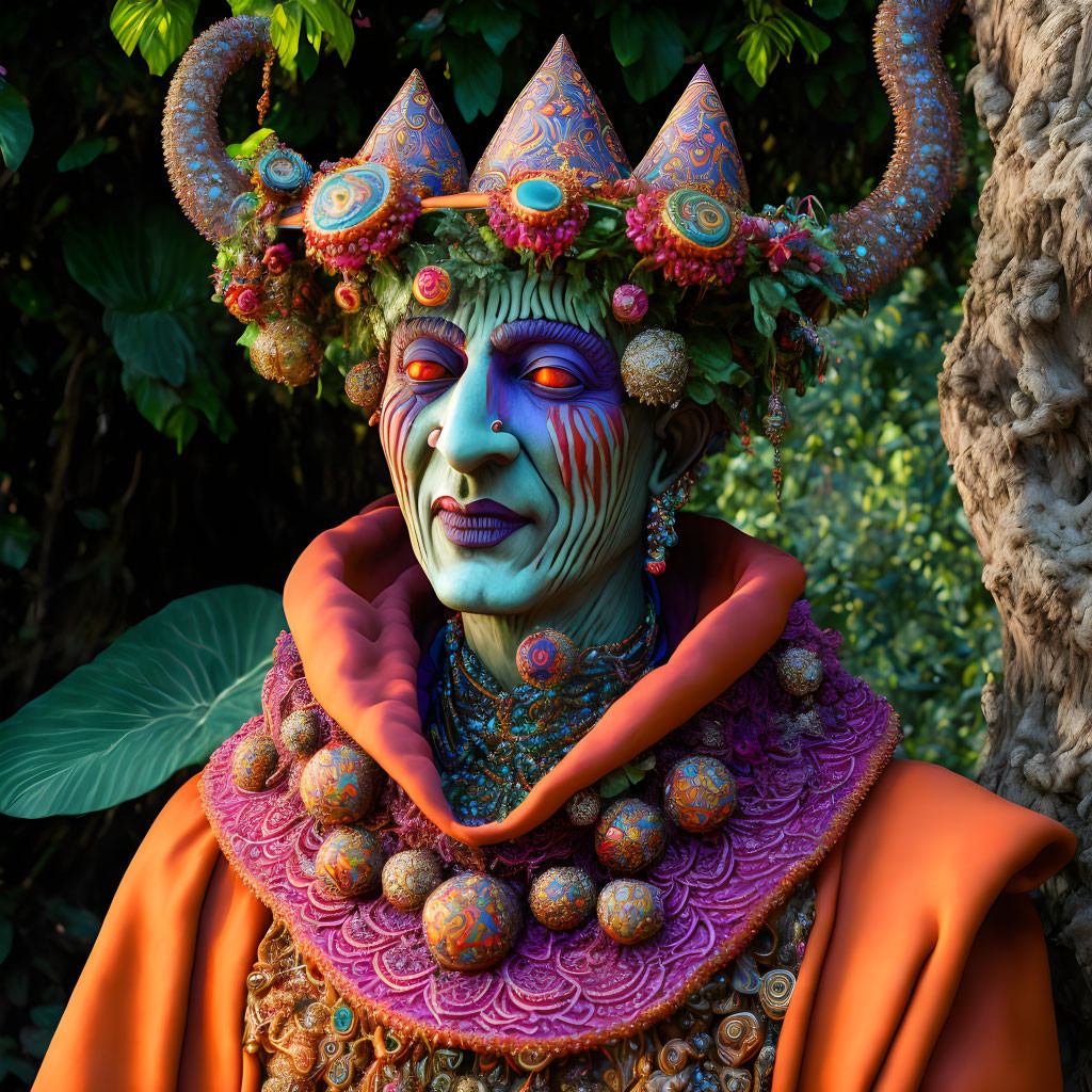 Elaborately costumed person with crown and face paint in front of green foliage