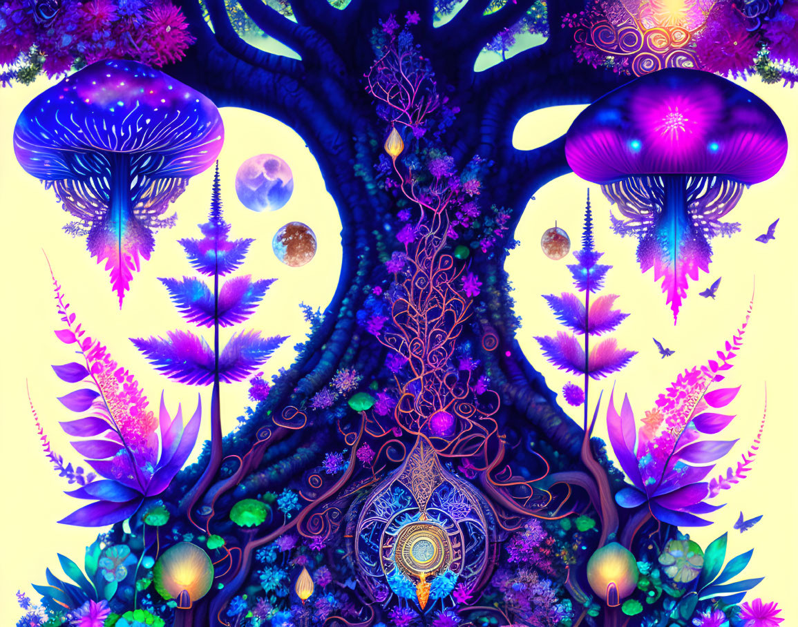 Vibrant digital artwork of mystical tree with jellyfish-like canopies