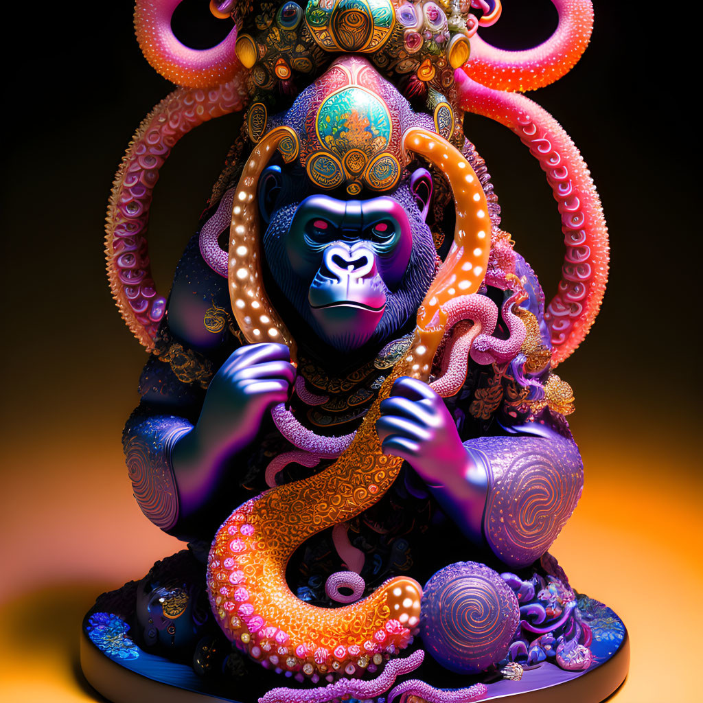 Colorful digital artwork: Gorilla with ornate tentacles on orange background