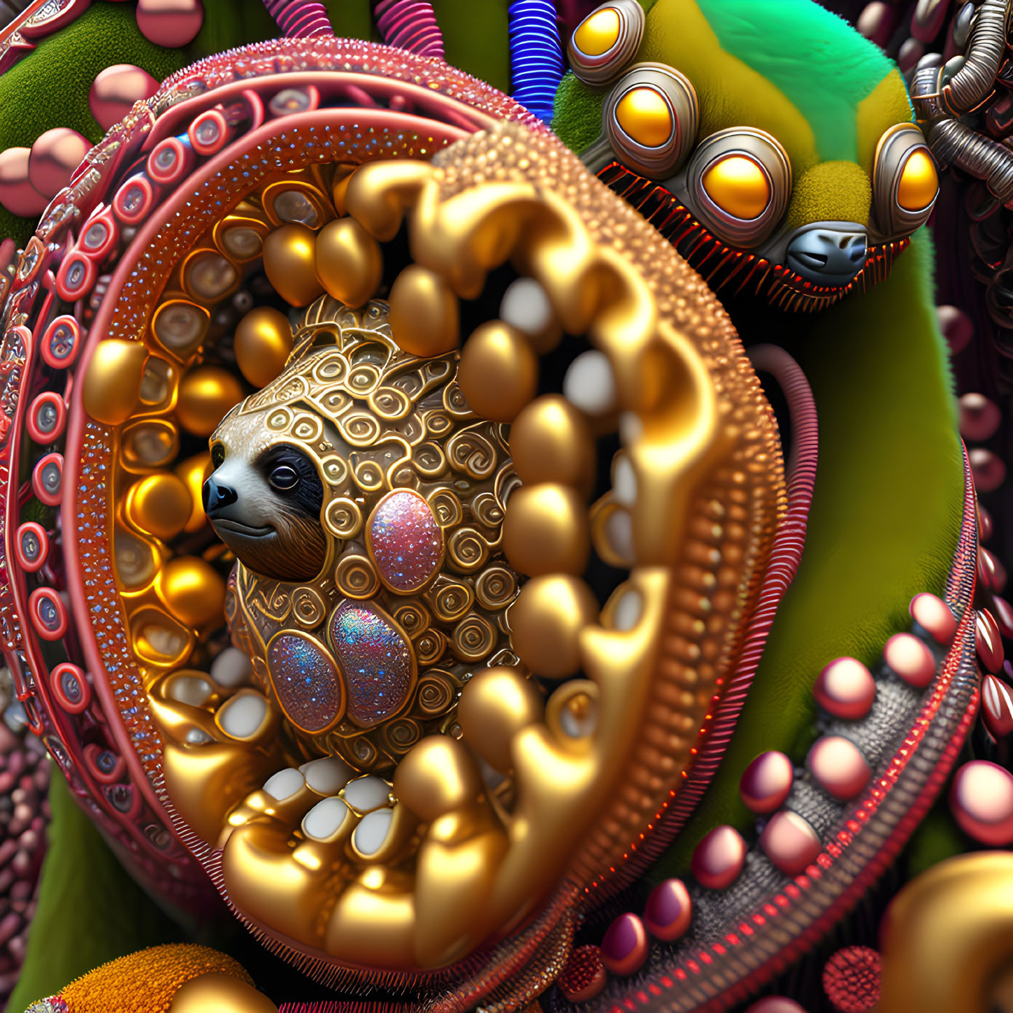 Detailed 3D fractal image: Surreal otter-like creature in golden patterns