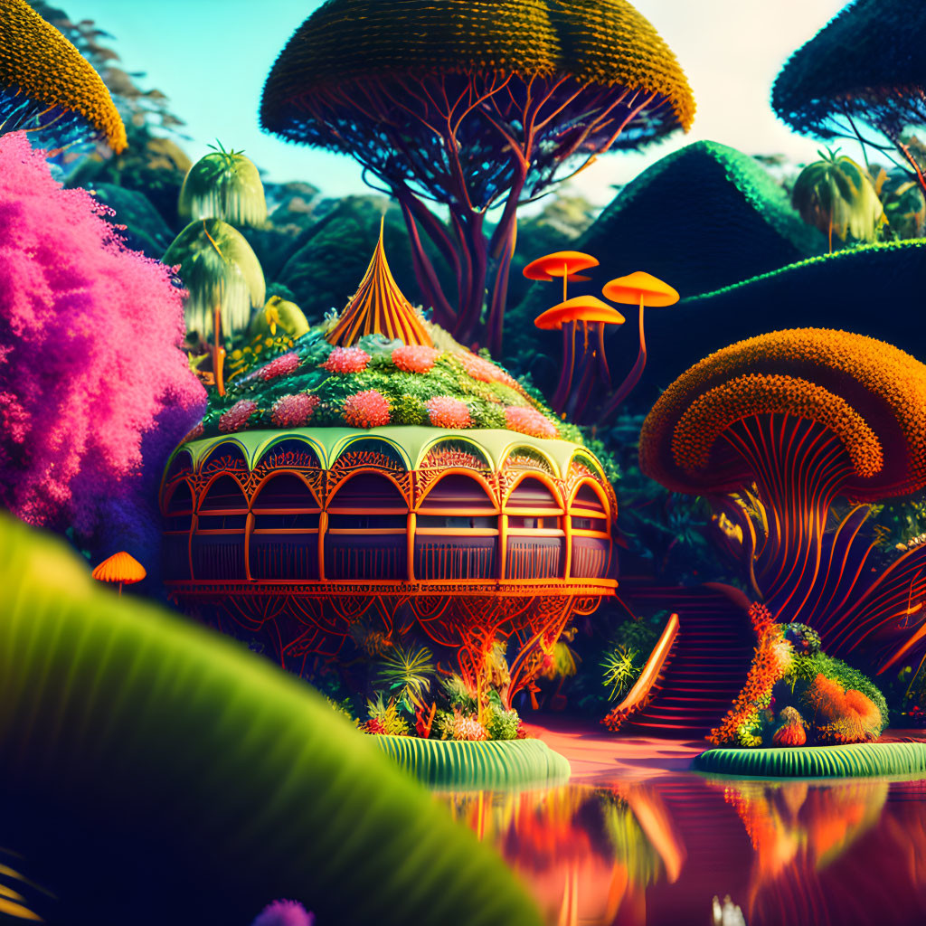 Colorful Mushroom House Surrounded by Fantasy Landscape