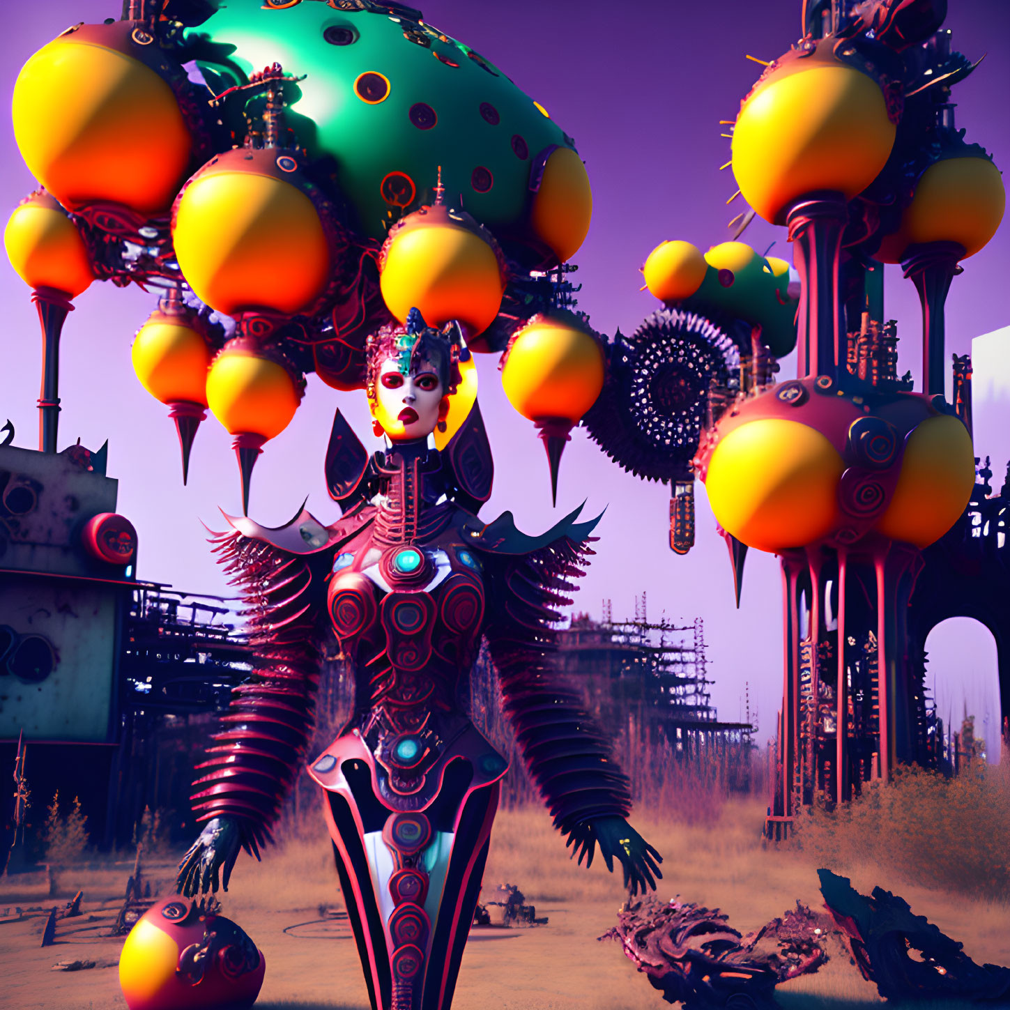 Intricate futuristic female android near whimsical alien structures